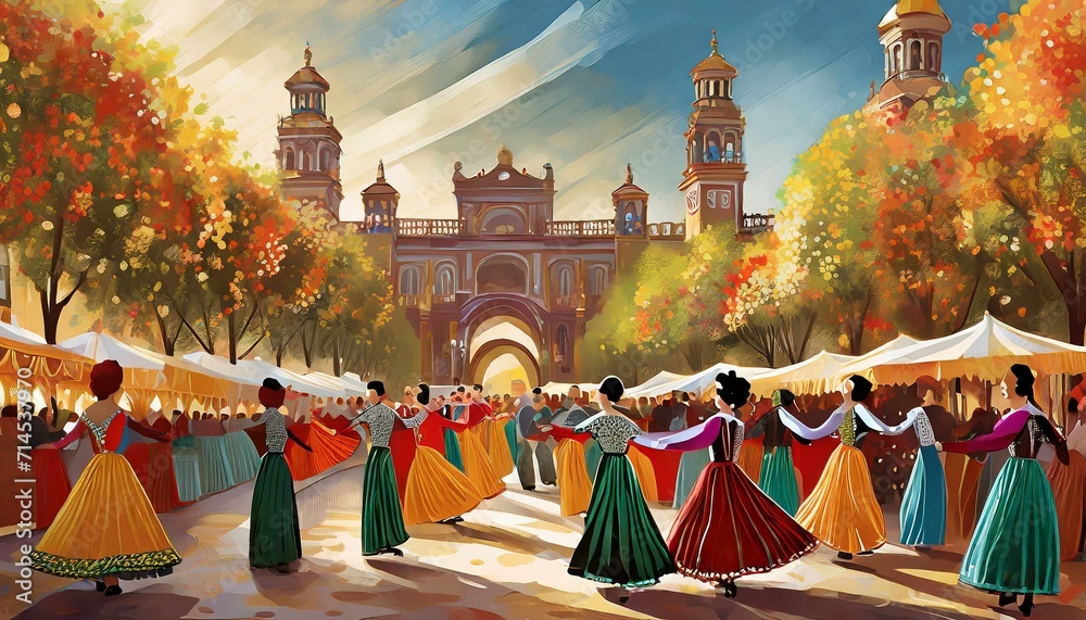 Fototapeta premium Illustrations of Festival celebration in Seville, flamenco dancers, colorful tents, and lively processions