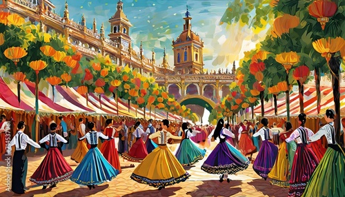 Illustrations of Festival celebration in Seville, flamenco dancers, colorful tents, and lively processions photo