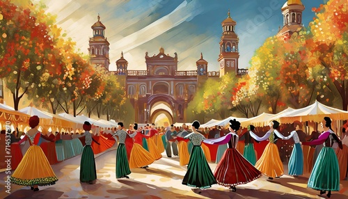 Illustrations of Festival celebration in Seville, flamenco dancers, colorful tents, and lively processions