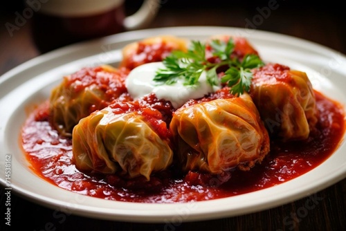 Delicious holubtsi: stuffed cabbage rolls with beef, rice, and veggies, served with cranberry sauce. Generative AI photo