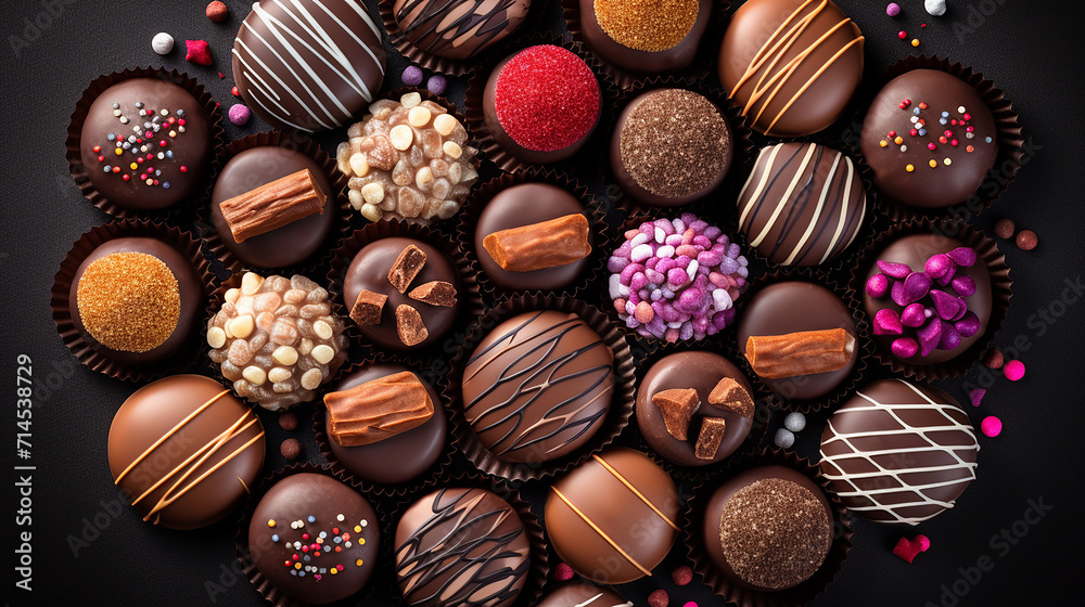 mix of chocolate candies top view on dark background . delicious sweet snack mix of chocolate candies top view on dark background . delicious sweet snack