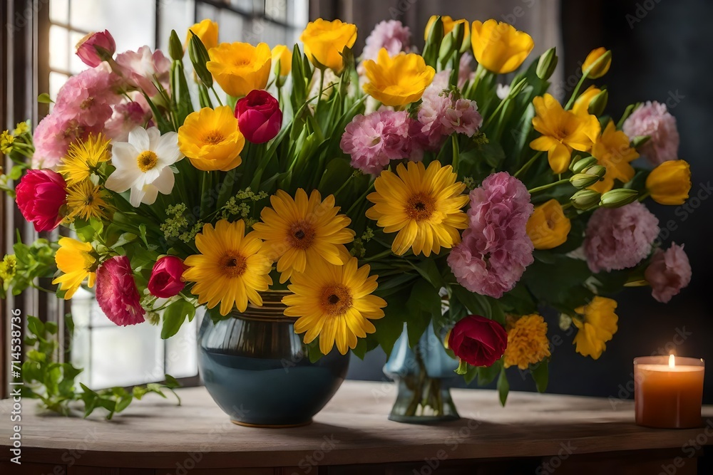  A radiant spring flower bouquet placed elegantly within a home interior.
