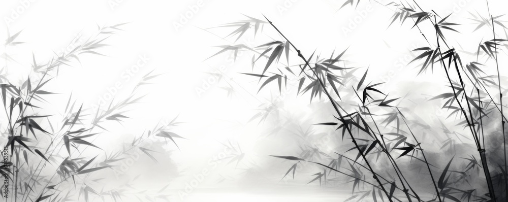 bamboo and branches in black and white, in the style of ink-wash landscape bamboo and branches in black and white, in the style of ink-wash landscape