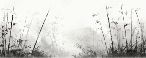 bamboo and branches in black and white, in the style of ink-wash landscape