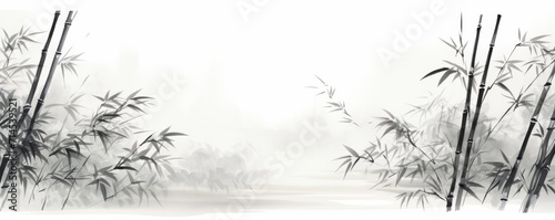 bamboo and branches in black and white, in the style of ink-wash landscape © wanna