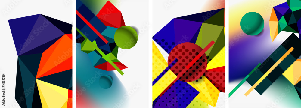 Set of geometric abstract composition with spheres and triangles. Vector illustration For Wallpaper, Banner, Background, Card, Book Illustration, landing page