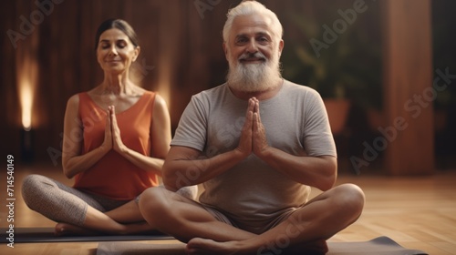 active elderly couple perform yoga together, practicing meditate, balance, recreation, relaxation, calm, good health, happy, relax, healthy lifestyle, reduce stress photo