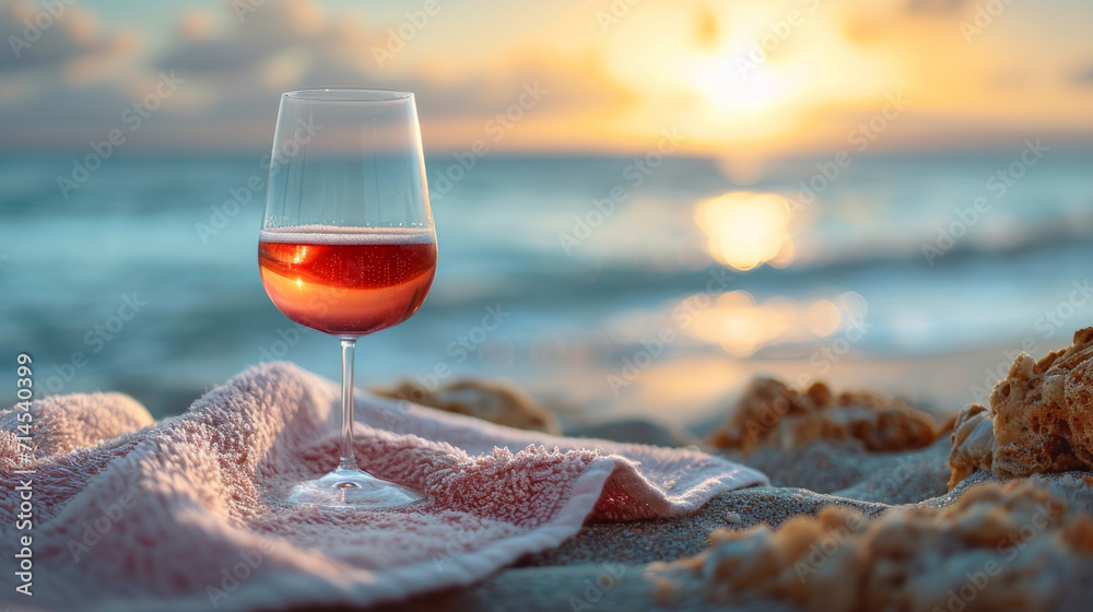 Close-up of rosé wine glass on a beach towel, with a blurred background of a beach scene, copy space - obrazy, fototapety, plakaty 