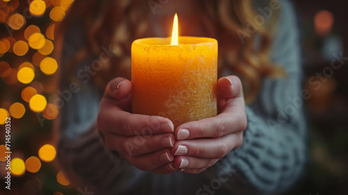 Young woman holding a big orange candle light in her hands wearing warm wool grey sweater in winter to fight against cold