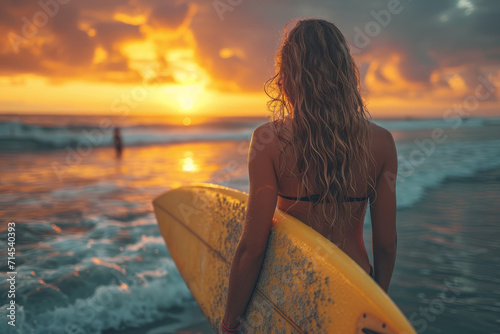 Close-up back view of a beautiful surfer woman holding a surfboard at the beach at sunset photo