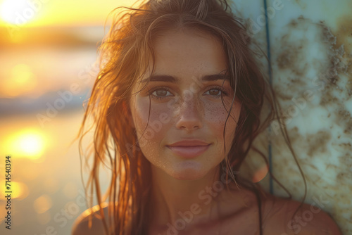 Portrait of a surfer woman holding a surfboard at the beach at sunset