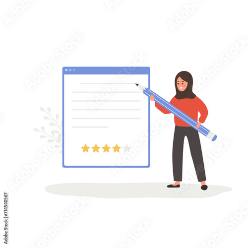 Customer review concept. Arabian woman holding huge pen and leaving comment with four stars rating. Girl standing near big dialog window in application with feedback. Vector cartoon illustration.