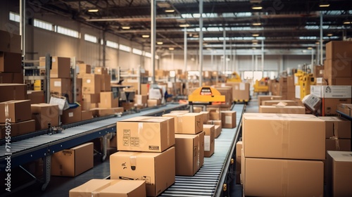 Warehouse fulfillment center with multiple cardboard box package. Conveyor belt in distribution warehouse for logistic and delivery concept. Generative AI