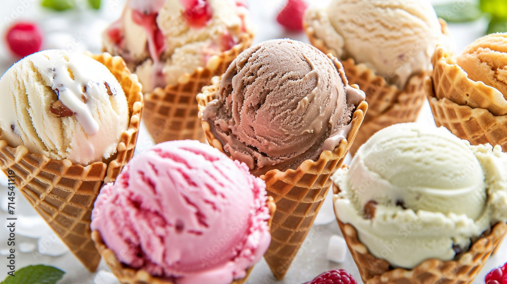 various of ice cream flavor in cones almond. Ai Generative