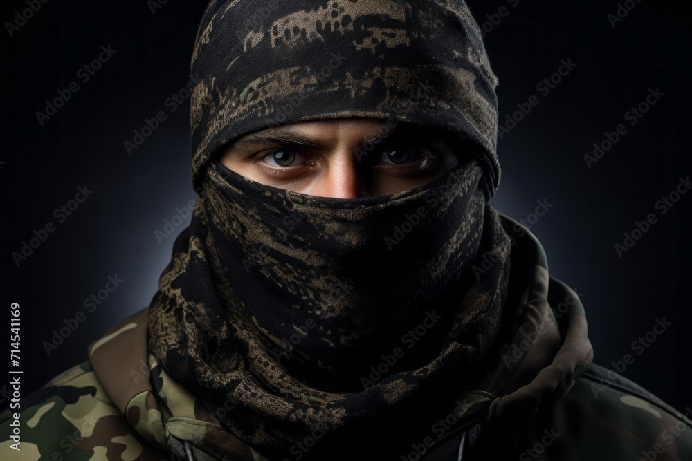 camouflage balaclava, a man in a mask cap covering his face, close-up. black background. camouflage balaclava, a man in a mask cap covering his face, close-up. black background.