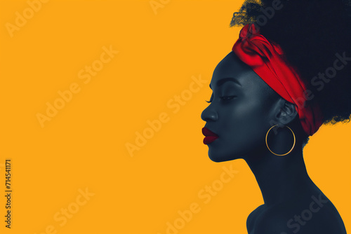 A banner depicting a female silhouette with an African hairstyle against an orange background, ideal for Black History Month. photo