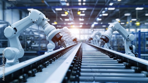 Fotografija White Robot Arms on Automated EV Battery Components Production Line