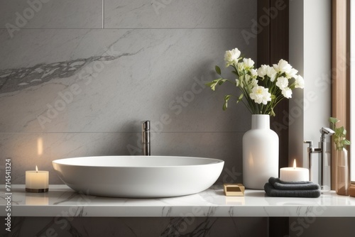 Interior home design of modern bathroom with flowers in a vase and candles near a marble stone wall with copy space