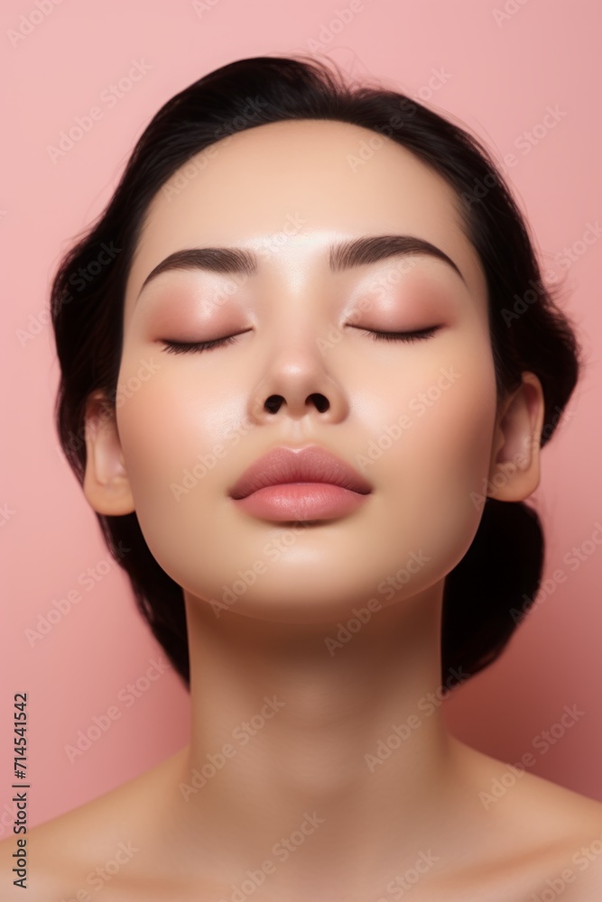 beautiful Asian girl with closed eyes, sleeping woman. clean skin and natural makeup. the concept of spa and beauty products, cosmetology and health. pink background. beautiful Asian girl with closed eyes, sleeping woman. clean skin and natural makeup. the concept of spa and beauty products, cosmetology and health. pink background.