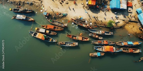 Boats dock and Chinese people wait at the long day water transport station, remote control aerial photography, abstract expressionism,