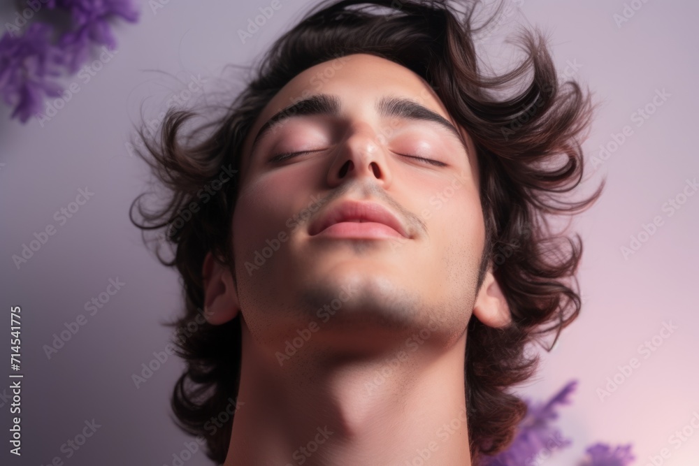 A handsome man with his eyes closed on a lilac background. Portrait of a sleeping male person. Self-development, hypnosis and the study of the inner world. A handsome man with his eyes closed on a lilac background. Portrait of a sleeping male person. Self-development, hypnosis and the study of the inner world.