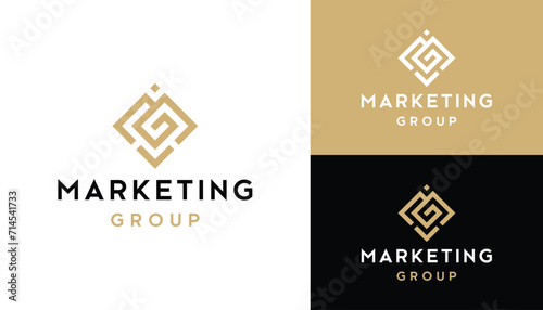 Golden Initial Letter MG G M GM with Simple Square Frame Line Art Logo Design