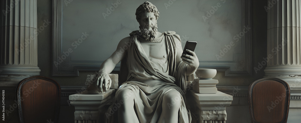 Marble statue of a philosopher engrossed in a smartphone, juxtaposing ancient wisdom with modern tech - obrazy, fototapety, plakaty 
