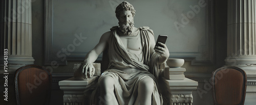 Marble statue of a philosopher engrossed in a smartphone, juxtaposing ancient wisdom with modern tech