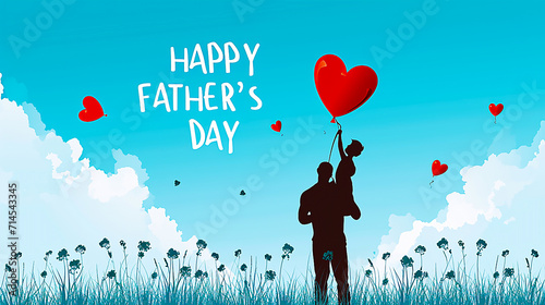 Blue sky background, image of child being carried on father's shoulders.