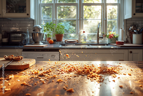 An artistic rendering of a kitchen scene with crumbs scattered across a countertop, telling a story of recent baking.