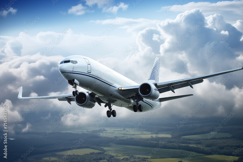 close-up of a cargo airplane in the sky flying low over foresty rural area