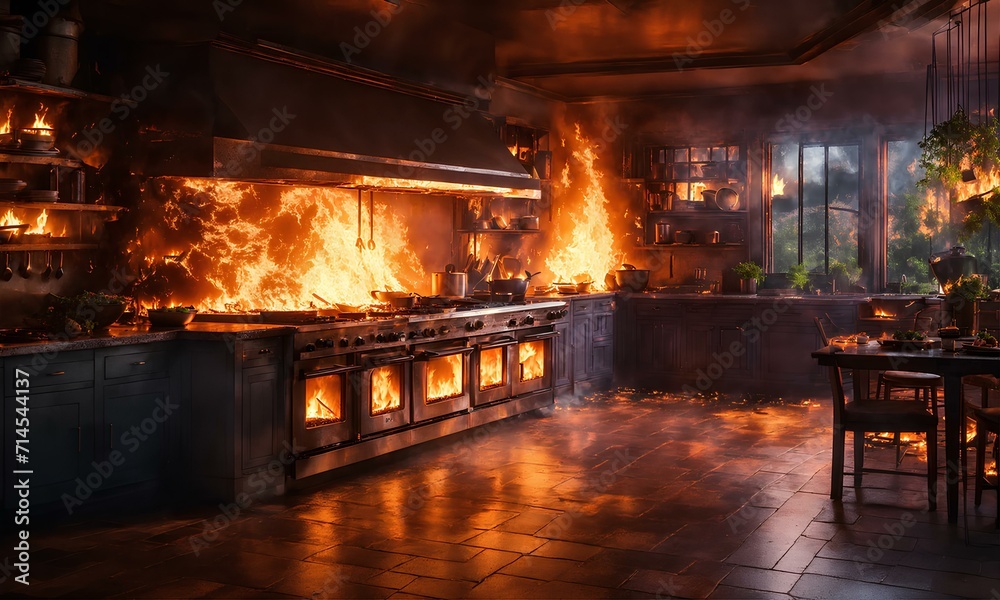 レストランのキッチンが火事|Restaurant kitchen on fire. Generative AI レストランのキッチンが火事|Restaurant kitchen on fire. Generative AI