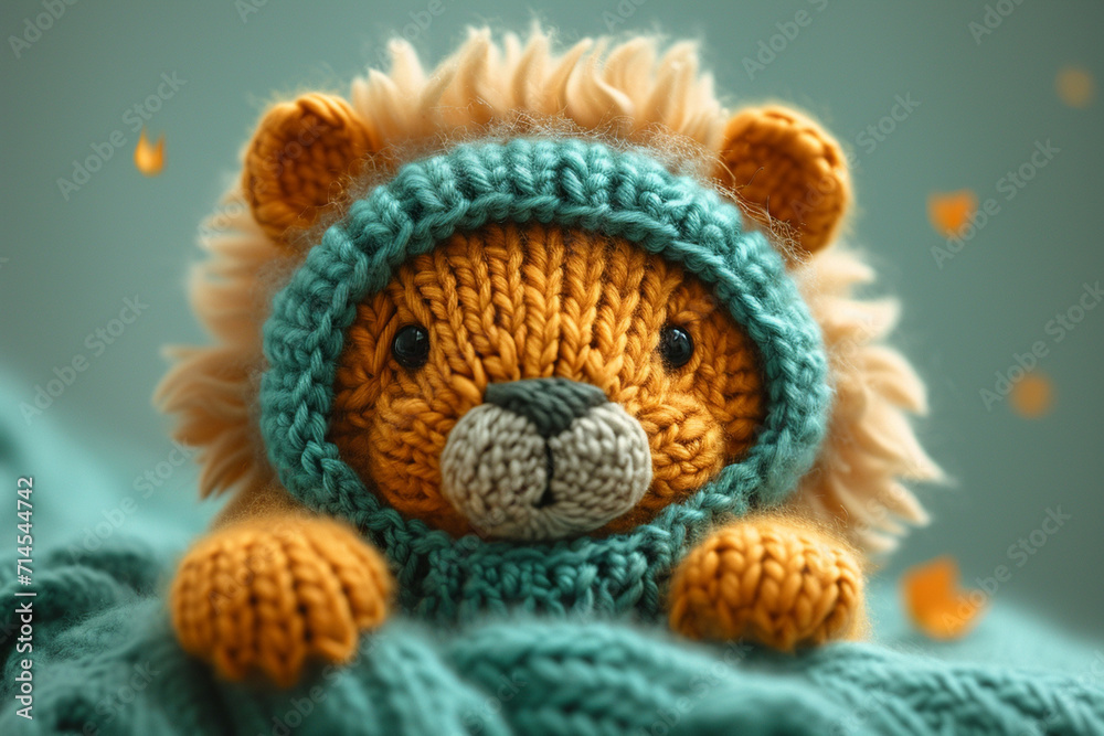 A depiction of a knitted Lion, on a pastel coloored backgrond. A depiction of a knitted Lion, on a pastel coloored backgrond.