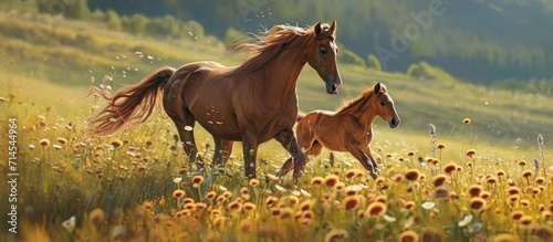 Arabian mare and foal gracefully galloping across meadow. photo