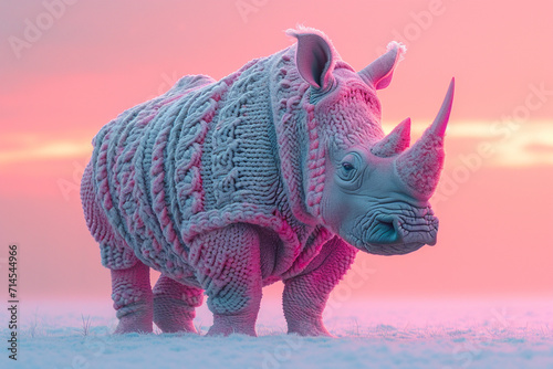 A depiction of a knitted Rhino, on a pastel coloored backgrond. © Oleksandr
