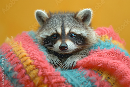 A depiction of a knitted Raccoon  on a pastel coloored backgrond.