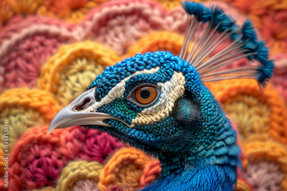 Obraz premium A depiction of a knitted Peacock, on a pastel coloored backgrond.