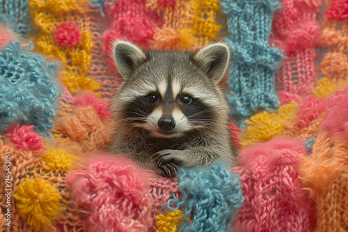 A depiction of a knitted Raccoon, on a pastel coloored backgrond.