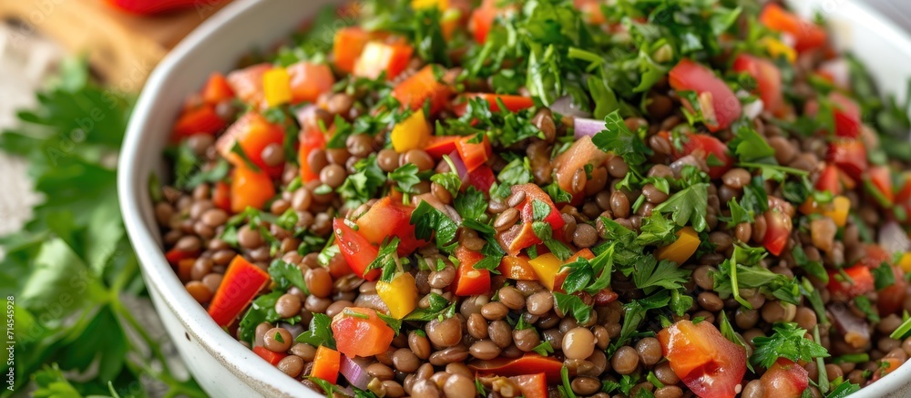 Delicious homemade Mediterranean lentil salad with lentils, peppers, sun dried tomato, and parsley. Delicious homemade Mediterranean lentil salad with lentils, peppers, sun dried tomato, and parsley.