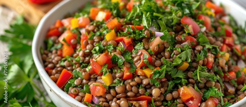 Delicious homemade Mediterranean lentil salad with lentils, peppers, sun dried tomato, and parsley. photo