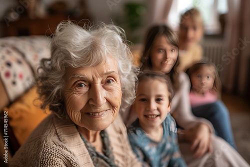 Happy Elderly with Grandchildren Smiling Senior with Loving Family