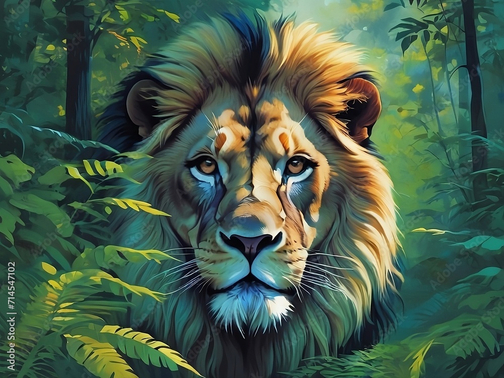 Lion Visual A double exposure of a lion's face and a dense forest creates a ...