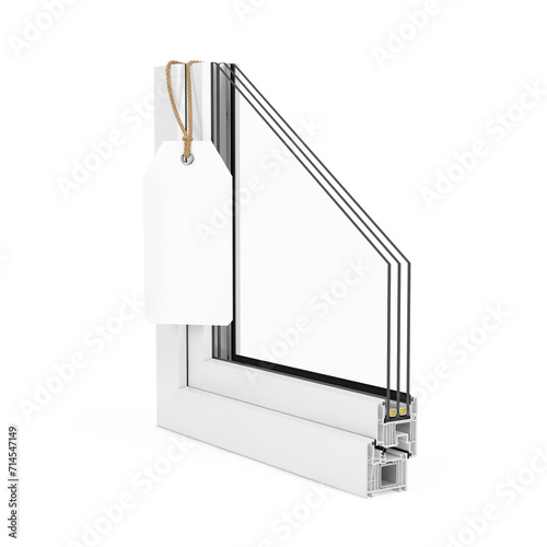 The Cut of Detailed Window PVC Profile with White Blank Tag. 3d Rendering