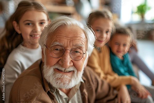 Happy Elderly with Grandchildren Smiling Senior with Loving Family