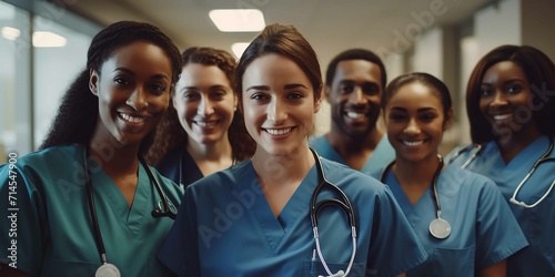 Create a diverse healthcare team with diffrent ethic groups that look cherrful wearing scrubs in a hospital setting photo