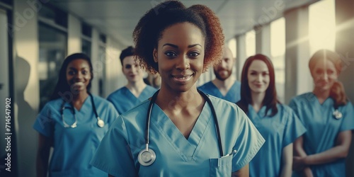 Create a diverse healthcare team with diffrent ethic groups that look cherrful wearing scrubs in a hospital setting photo