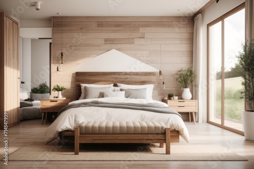 farmhouse interior home design of modern bedroom with wooden bed and table alongside with rustic furniture © Basileus