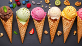 Various of ice cream flavor in cones pistachio. Ai Generative