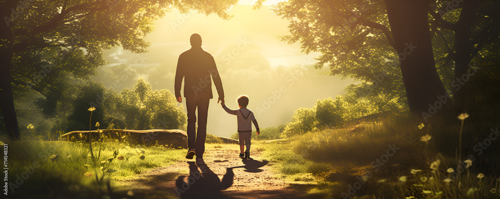 A father and son walking in the forest with the sun shining through the trees.
fathers day concept A man and a child walk down a path holding hands. fathers day backgrounds - obrazy, fototapety, plakaty 