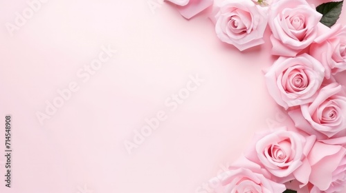 Delicate pink roses arranged along the edge of a soft  pink pastel backdrop.